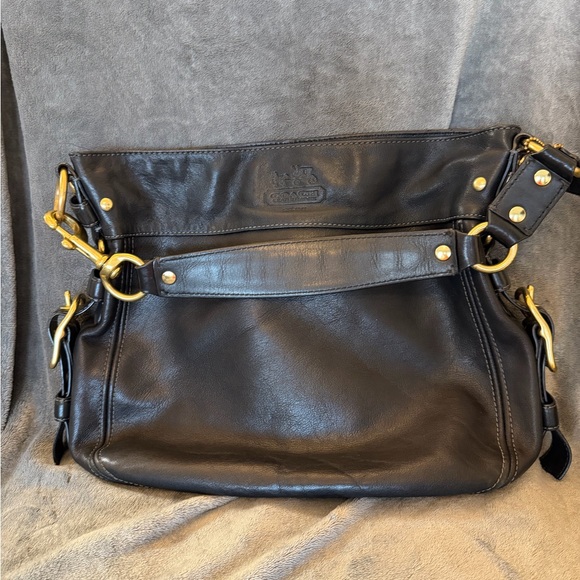 Coach Vintage Black Leather Hobo Bag with Brass Hardware